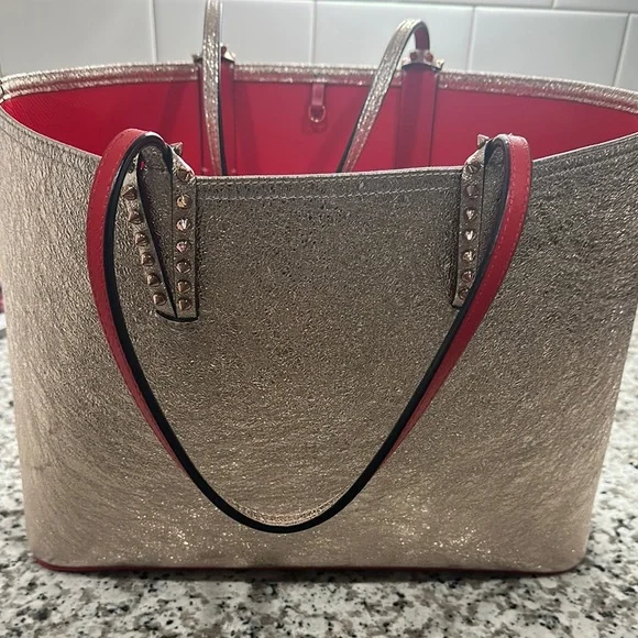 Christian Louboutin Shimmering Silver Tote with Red Lining - Picture 4 of 9